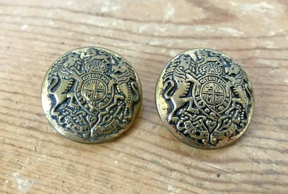Vtg Set Pair 2 Brass Metal British Coat of Arms Crest Round Circle Buttons